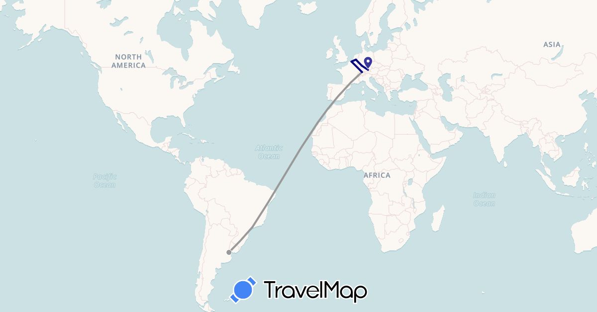 TravelMap itinerary: driving, plane in Argentina, Belgium, Brazil, Switzerland, Germany, Netherlands (Europe, South America)
